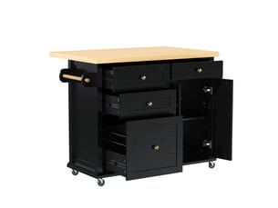 Îlot de cuisine sur roulettes avec table à manger extensible, desserte noire avec tiroirs multifonctions et étagères réglables