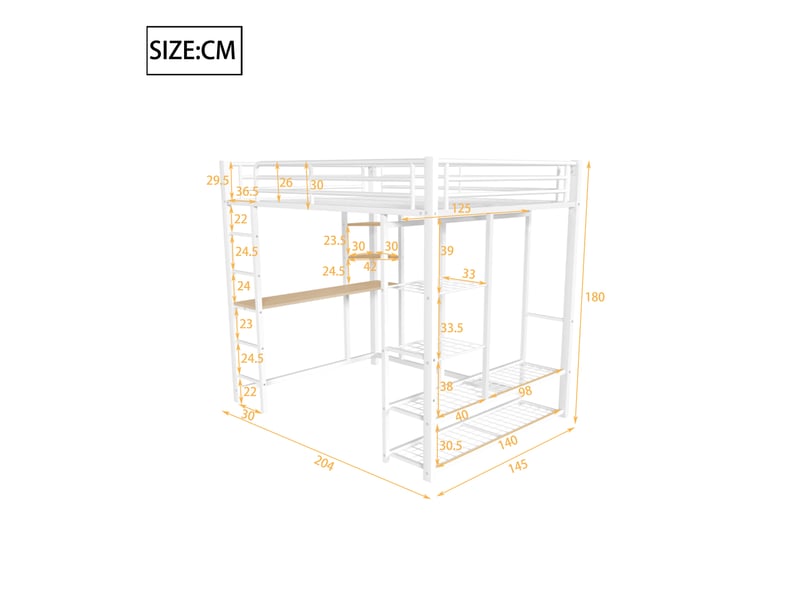 Lit mezzanine enfant 140x200 cm, table, étagère, garde-corps, sommier, métal blanc, sans matelas - Conforama C