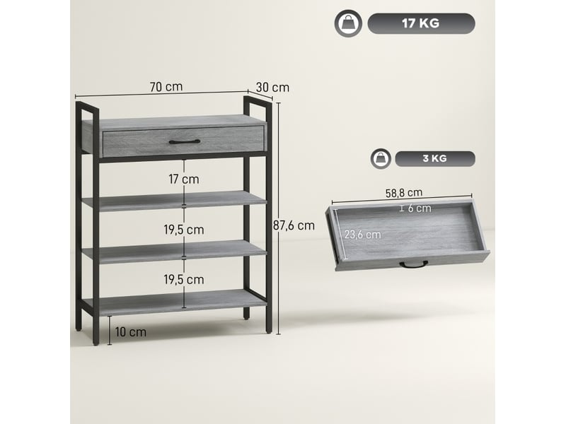  Meuble à chaussures 4 niveaux, rangement couloir pour 9 paires de chaussures, panneau particule, métal, gris  - Conforama C