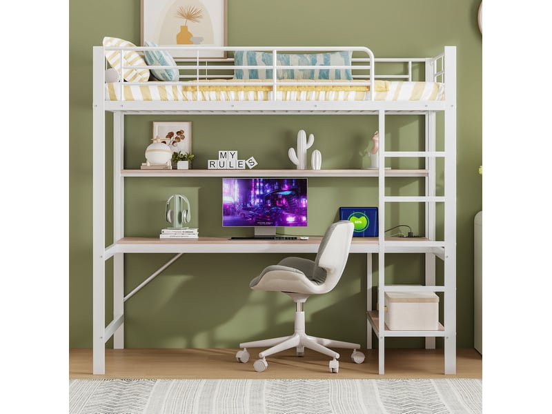  Lit mezzanine enfant 90x200 cm avec bureau, étagères, led et prise usb, blanc  - Conforama E