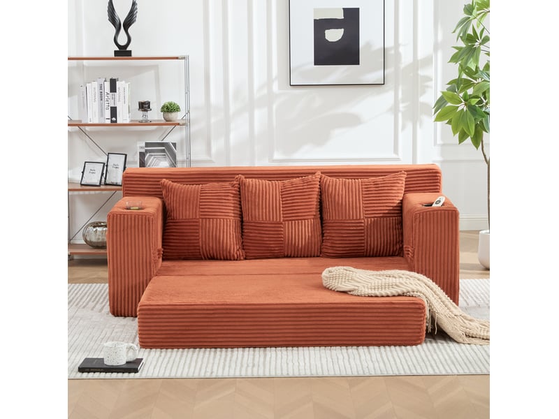 Canapé convertible 3 places 172 x 87 cm – orange – velours côtelé avec porte-gobelets et poches latérales - Conforama B