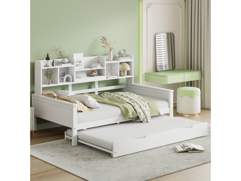  Lit gigogne enfant 90x200 cm + 90x190 cm avec compartiment de rangement et sommiers, pin, blanc, sans matelas  - Conforama W