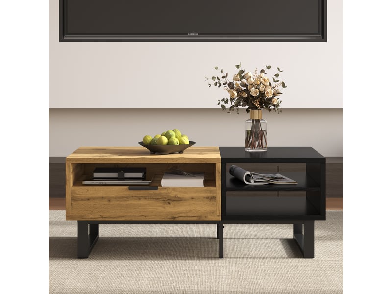 Table basse 100x50x40 cm avec tiroir et 3 niches ouvertes, pieds en métal, panneaux de particules, décor bois et noir ABC - Conforama E