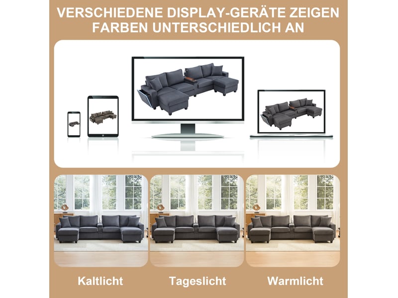 Canapé modulable en u 334x128,5 cm – gris – velours côtelé, led, rangement, usbtype-c et 2 poufs mobiles - Conforama E