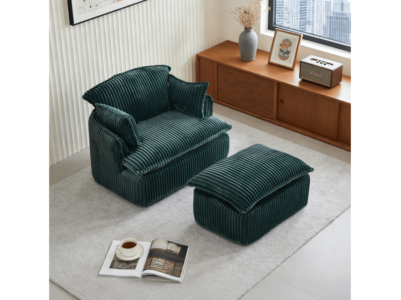 Fauteuil nuage compressé 1 place en velours côtelé vert avec pouf, mousse haute densité, esprit vintage pour salon - Conforama B