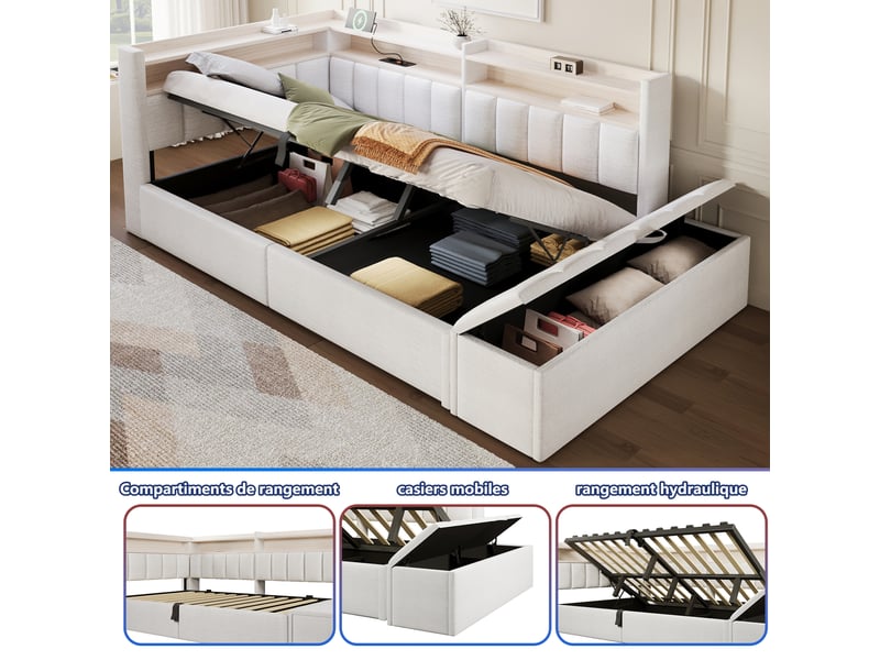  Canapé-lit coffre 90 x 200 cm - avec prise électrique - avec port usb + bande lumineuse led - beige (matelas non inclus)  - Conforama R