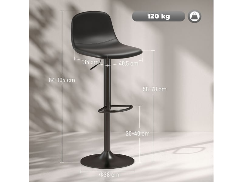  Tabouret de bar pivotant réglable en hauteur avec dossier et repose-pied, lot de 2 en cuir synthétique noir  - Conforama D