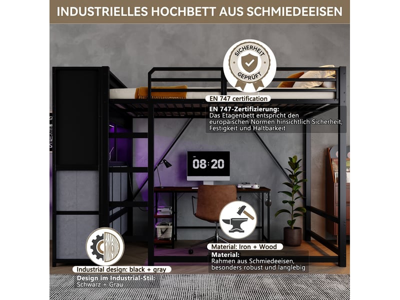  Lit mezzanine 120 × 200 cm 1 place avec étagères, tiroirs, éclairage et station de charge, sans matelas, noir gris  - Conforama E