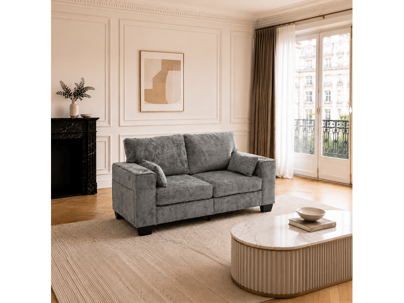  Canapé droit 2 places avec porte-gobelets et poches latérales, assise à ressorts en chenille gris foncé, 182 cm  - Conforama B
