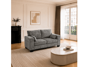 Canapé droit 2 places avec porte-gobelets et poches latérales, assise à ressorts en chenille gris foncé, 182 cm