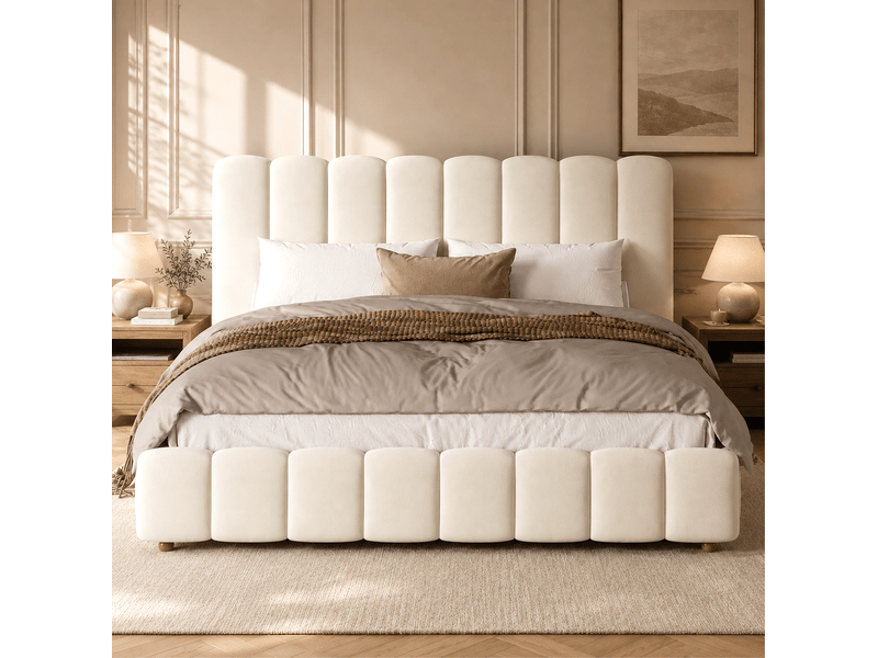  Lit adulte 180x200 cm en velours beige avec coffre hydraulique, tête de lit capitonnée et sommier, sans matelas  - Conforama E