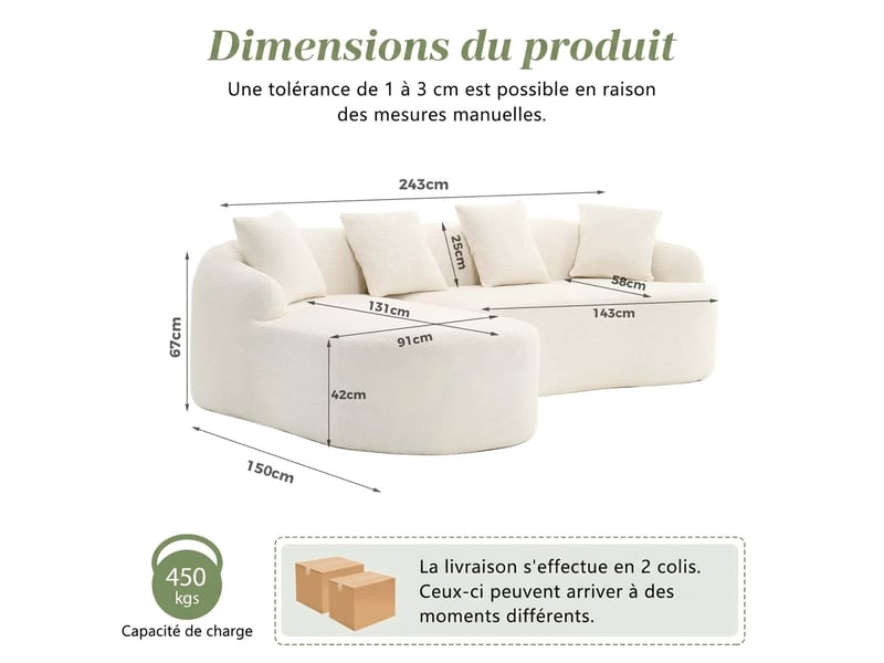 Canapé d'angle courbé avec méridienne gauche 243 x 150 cm sans montage, chenille douce - Conforama C