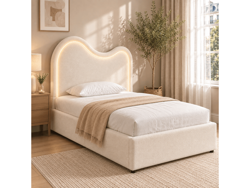 Lit coffre enfant 90x200 cm, lit simple rembourré avec rangement hydraulique, sommier à lattes, tête de lit rembourrée, bouclé blanc evarich - Conforama E