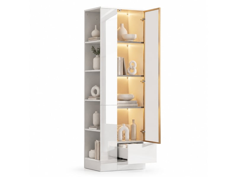  Vitrine haute 50 x 35 x 160 cm – blanche – porte vitrée, led réglable par application, tiroir et niches  - Conforama A