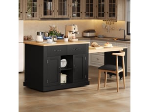 Îlot de cuisine avec table extensible, prises, usb, 2 portes et 2 tiroirs, noir, 132(235)x70x90 cm