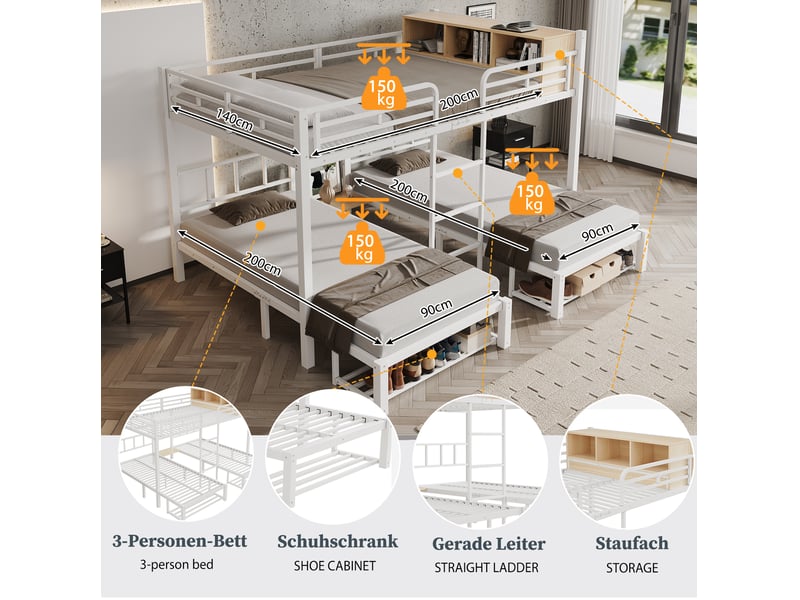  Lit superposé 3 couchages 140x200 et 2x90x200 cm, rangements, échelle, métal et bois, blanc naturel, sans matelas  - Conforama E