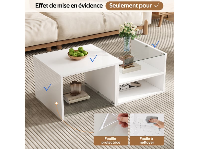  Table basse,100x50x38 cm,avec led et rangements ouverts,panneau de particules,blanche  - Conforama E