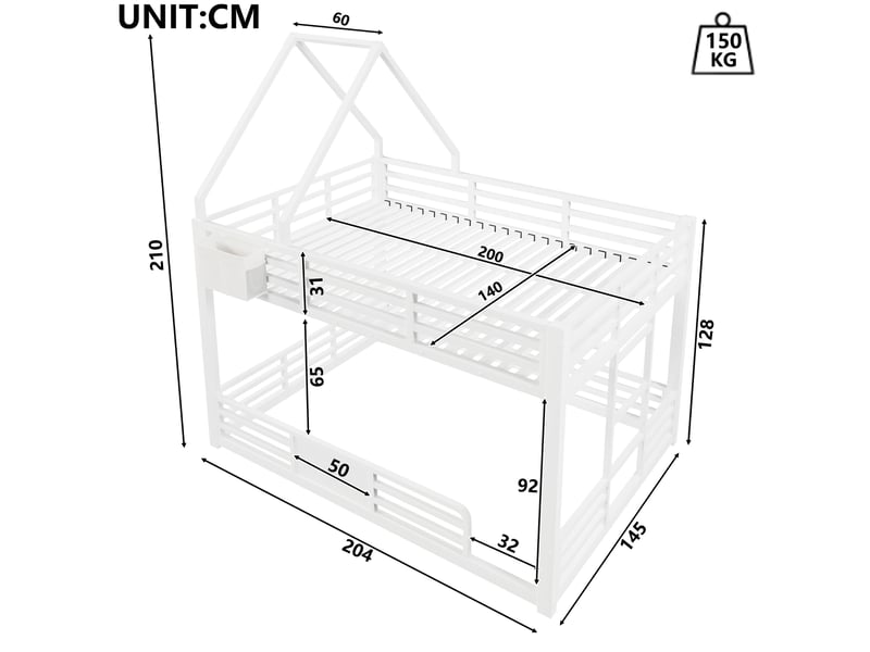  Lit superposé 140 × 200 cm 1 place avec led multicolore, rangement, barrière de sécurité et toit, sans matelas  - Conforama D