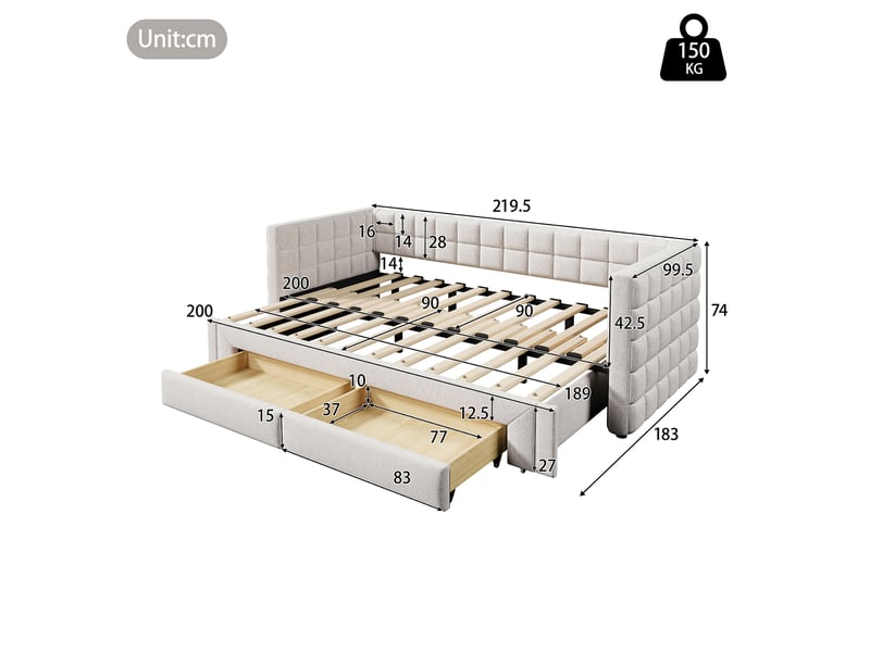  Lit banquette extensible 90x200 cm en velours beige avec 2 tiroirs - transformable 180 cm  - Conforama C
