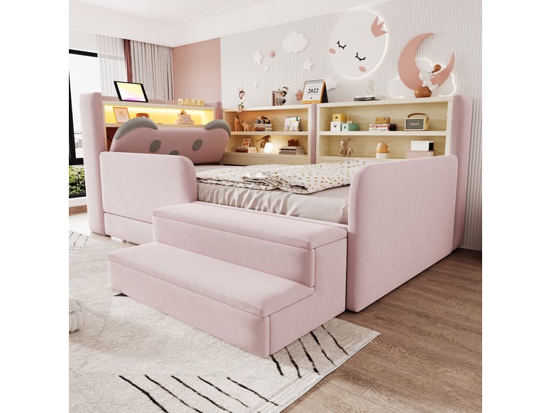 Lit enfant rembourré 90x200 cm, lit avec rangement, led et usb, tête de lit ours avec étagères, tiroir et repose-pieds amovible, velours rose - Conforama C