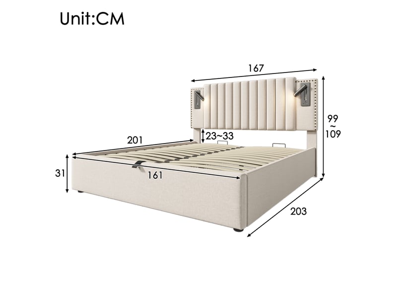  Lit coffre 160x200 beige en tissu, tête de lit réglable avec led, usb et rangements pour chambre adulte  - Conforama C