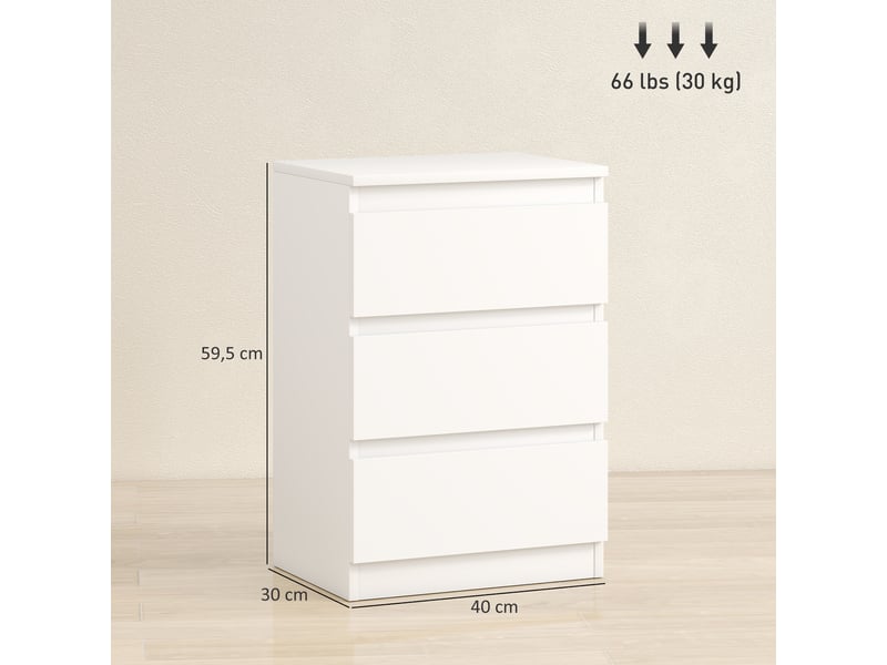  Tables de chevet (lot de 2), 3 tiroirs, sans poignées, aspect bois, blanches  - Conforama E