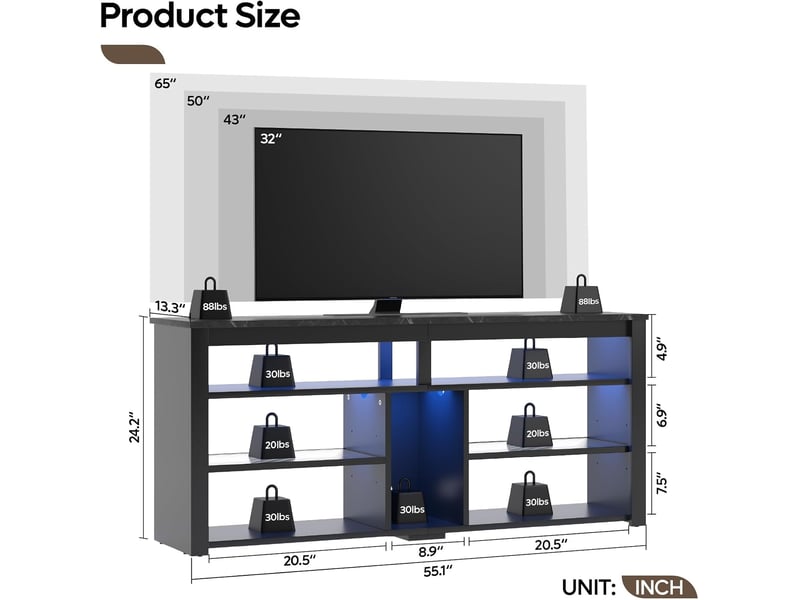  Bestier tv stand for 65 inch tvs, tv stand with storage for ps5, led tv console with adjustable storage shelf for living room, black marble  - Conforama B