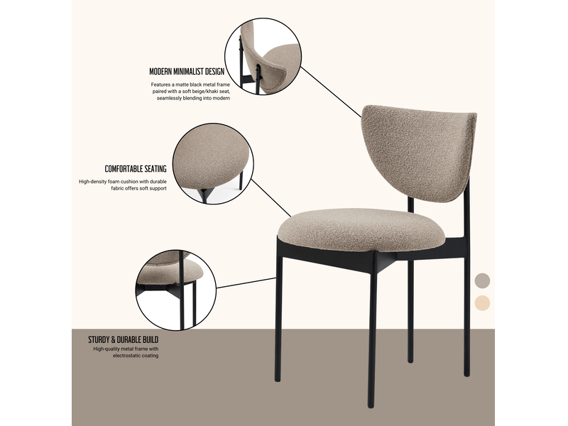  Lot de 2 chaises de salle à manger 54x47x76 cm, style scandinave, dossier arrondi, tissu et métal, kaki clair  - Conforama D