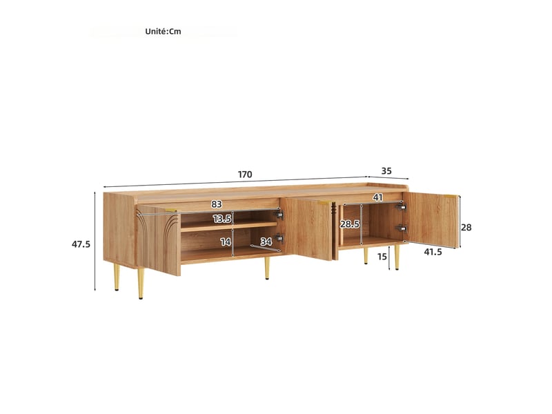  Meuble tv en mdf coloris bois naturel avec portes sculptées 170 x 35 x 47,5 cm, poignées et pieds dorés, rangement multimédia evarich - Conforama C