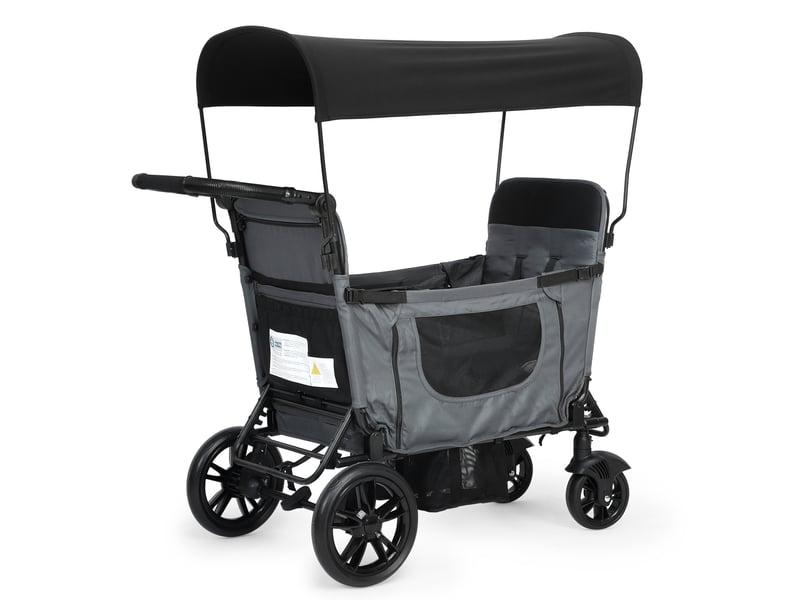  Chariot enfant pliable gris foncé 2 places avec siège convertible en lit, toit pare-soleil, plateau, harnais 5 points et freins  - Conforama A