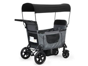 Chariot enfant pliable gris foncé 2 places avec siège convertible en lit, toit pare-soleil, plateau, harnais 5 points et freins
