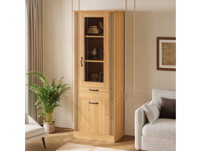  Vitrine haute 62x41x180 cm, éclairage led, commande par application, portes vitrées, porte miroir pour salon et séjour - naturel  - Conforama D