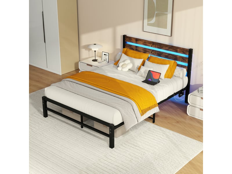  Lit simple 120×200 cm avec usb - okmyhome- led réglable et rangement, sans matelas, mdf et métal marron  - Conforama B