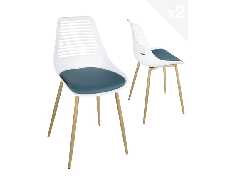  Lot de 2 chaises de cuisine vintage geos avec dossier ajouré, assise rembourrée blanc et bleu  - Conforama A