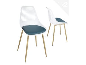 Lot de 2 chaises de cuisine vintage geos avec dossier ajouré, assise rembourrée blanc et bleu