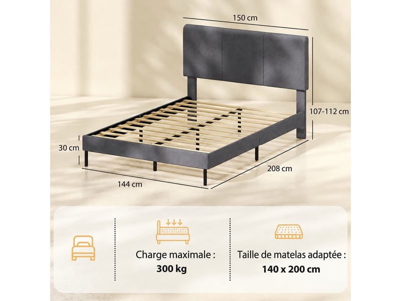  Cadre de lit 140 x 200 cm, lit rembourré en tissu aspect lin gris foncé, tête de lit réglable, 12 lattes  - Conforama C