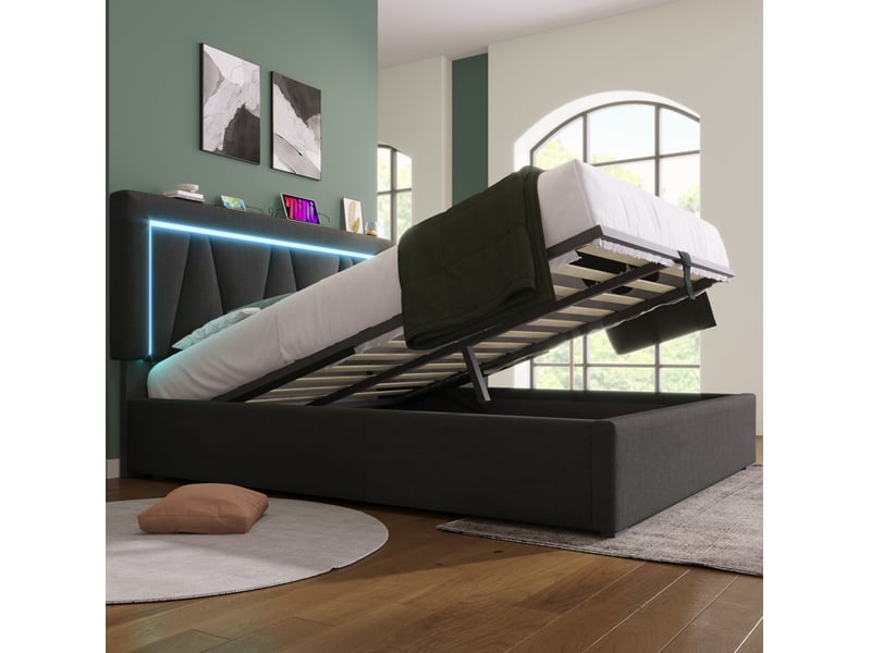  Modenvie lit coffre 140x200 cm - led, ports usb et usb-c, tête de lit réglable, avec matelas - gris  - Conforama E