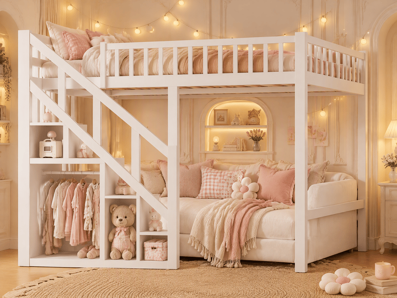  Lit mezzanine 140x200 cm, lit superposé enfant avec escaliers de rangement et barrière de sécurité, sommier à lattes  - Conforama B