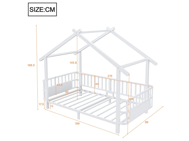  Lit cabane enfant 90x200 en métal blanc, structure toit et barrière de sécurité intégrée pour chambre  - Conforama C