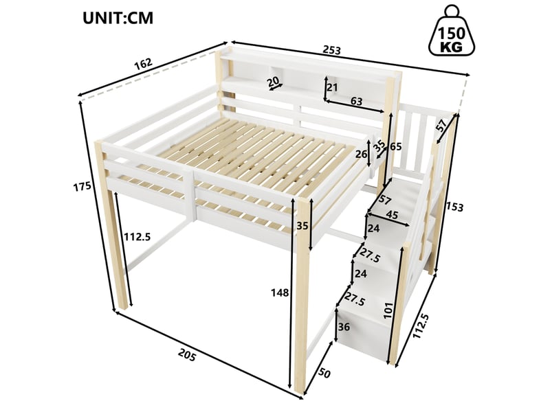  Lit mezzanine enfant 140x200 cm avec éclairage led, rangement sous le lit et escalier de rangement, blanc et bois naturel  - Conforama C