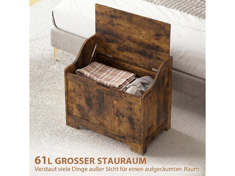  Coffre de rangement avec charnière de sécurité, coffre en bois avec poignée encastrée pour salon et entrée, brun rustique  - Conforama E