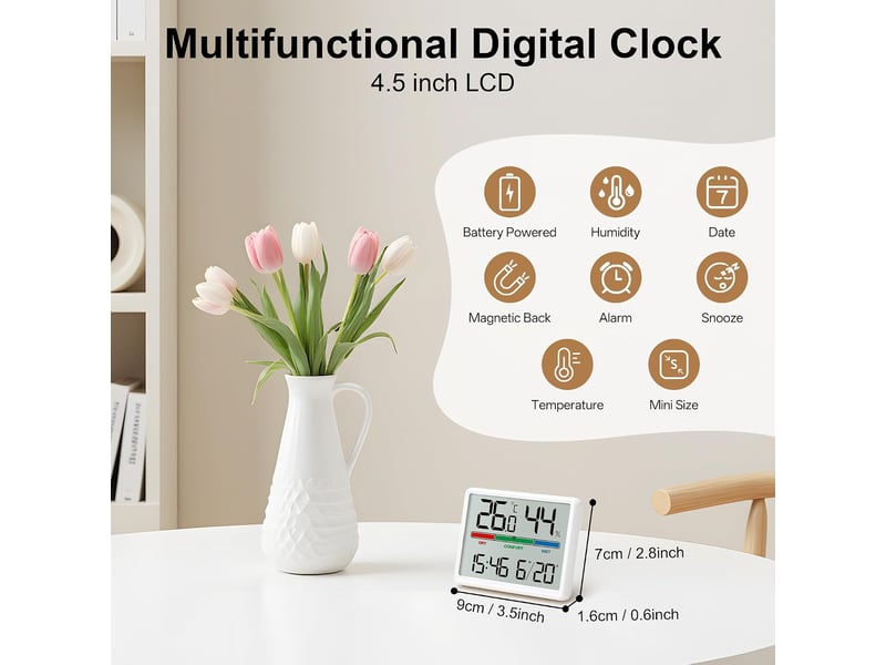  4.5 reveil numerique à piles lcd portable, mini horloge numérique avec température humidité date alarme fonction snooze, réveil digitale  - Conforama B