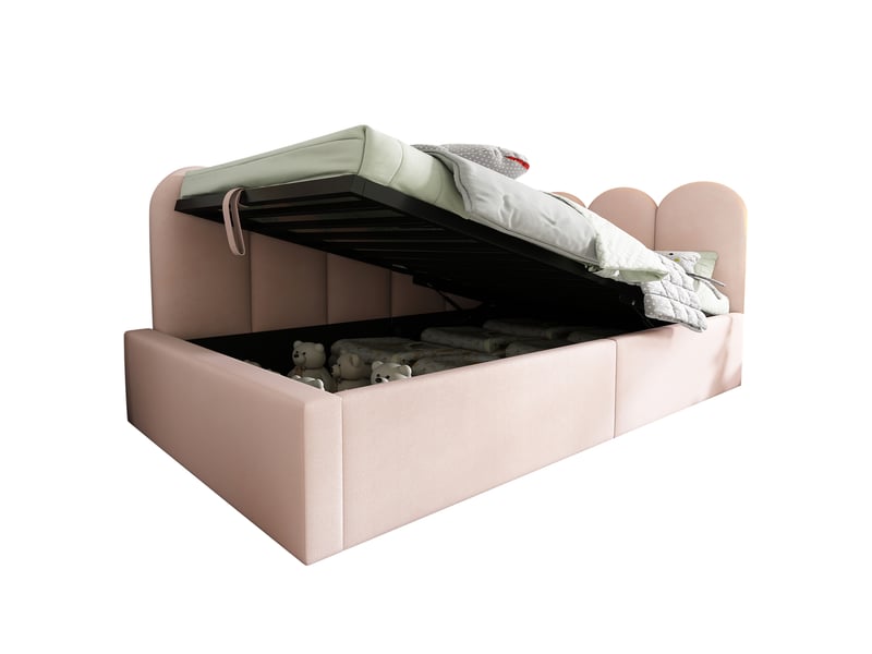  Lit coffre 90x190 cm en velours rose avec sommier relevable à vérins  - Conforama D