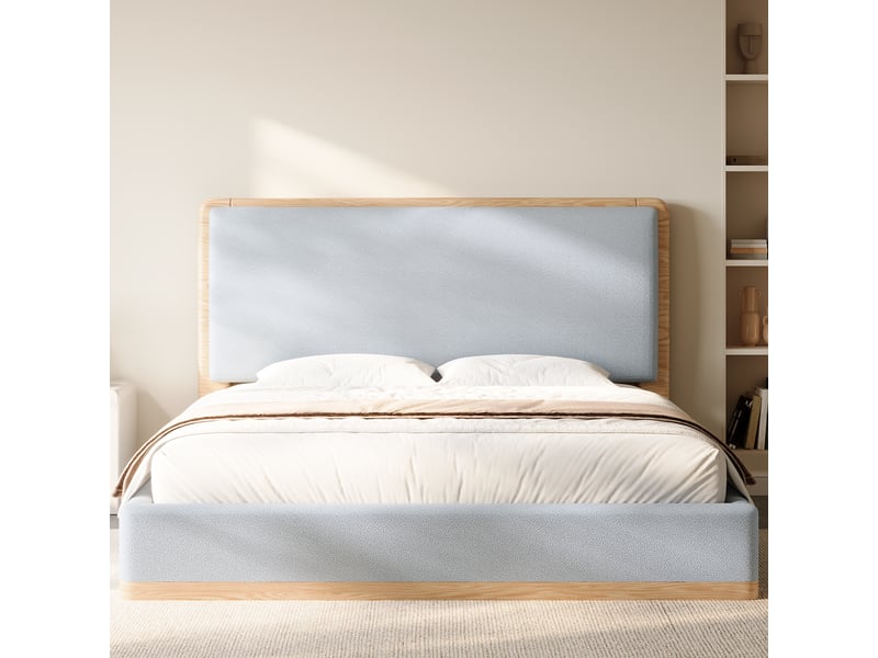 Lit rembourré 180x200 cm en tissu teddy, tête de lit matelassée avec coutures décoratives, cadre mdf et sommier à lattes, style naturel gris et bois - Conforama D