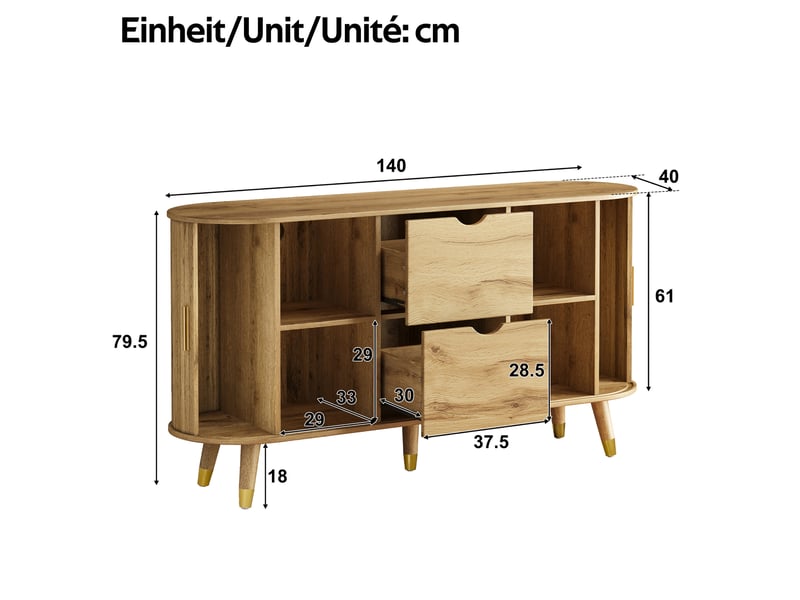  Buffet et enfilade 2 portes coulissantes, 2 tiroirs, étagères réglables pour salon en mdf naturel 140 × 40 × 79,5 cm  - Conforama C