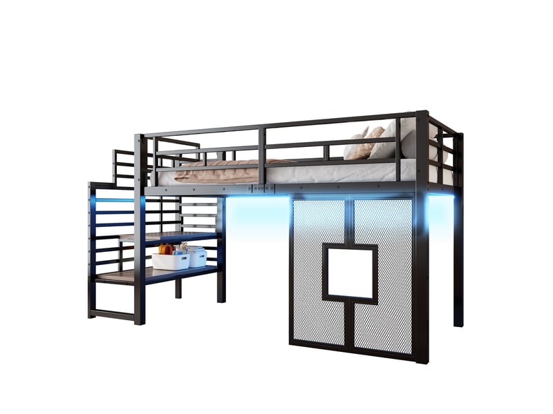  Lit mezzanine, 90x200 cm, lit enfant, escalier doté d’un espace de rangement, led, fenêtres, métal et mdf, coloris noir  - Conforama A