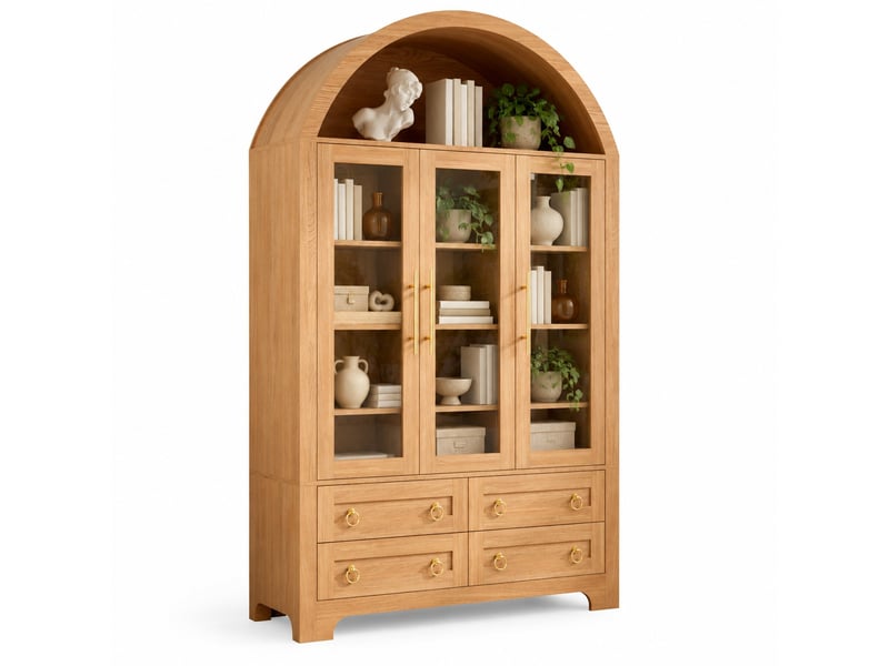  Buffet de rangement avec 3 portes vitrées, 4 tiroirs et niche ouverte en arche, naturel  - Conforama A