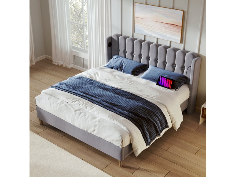 Lit adulte 160x200 cm avec sommier, tête de lit rembourrée en tissu gris et ports usb-c intégrés - Conforama B