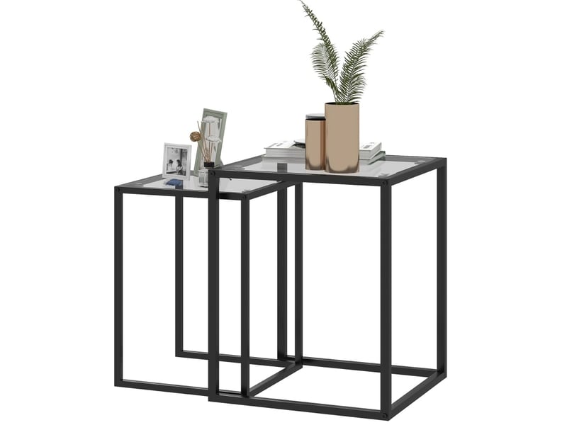  Tables d'appoint gigognes modernes lot de 2 avec plateau en verre trempé et structure en acier noir pour salon  - Conforama A