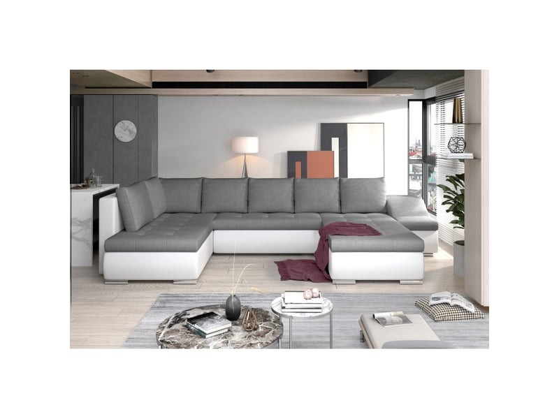  Canapé panoramique gyovani gris et blanc angle droit convertible 6 places  - Conforama A